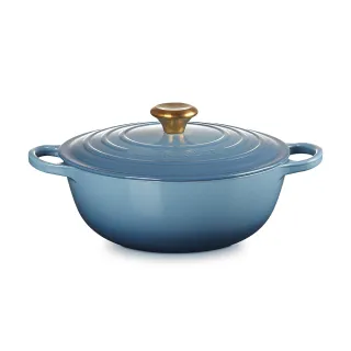 【Le Creuset】典藏琺瑯鑄鐵鍋媽咪鍋26cm(藍色迷霧-金頭-內鍋黑)