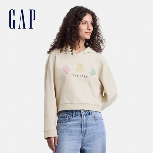 【GAP】女裝 Logo刺繡帽T-卡其色(613336)