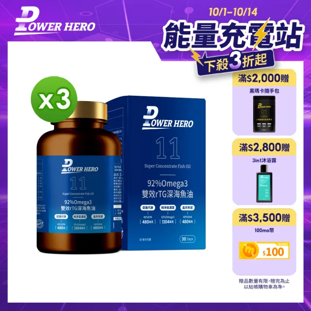 【PowerHero 勁漢英雄】92%Omega3 雙效rTG深海魚油x3盒(120顆/盒、專利3倍去腥味、嚴選深海無毒小魚)