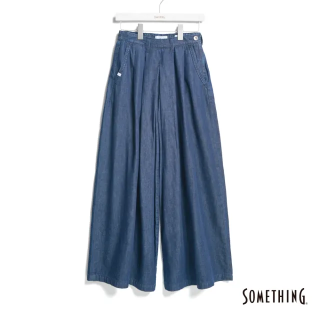 【SOMETHING】女裝 高腰打摺丹寧超寬褲(酵洗藍)