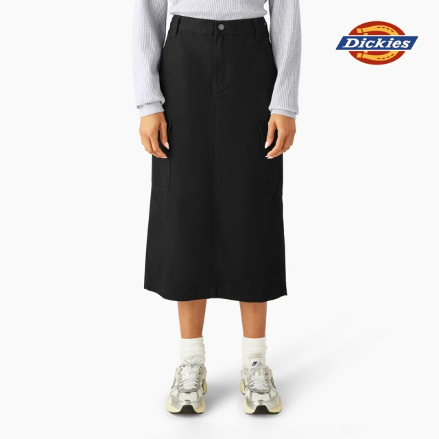 Dickies 女款黑色純棉帆布兩側翻蓋式大口袋寬鬆工裝長裙｜DK0A4Z2RBLK