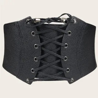 【AnnaSofia】彈性寬腰帶腰封皮帶-腰弧線綁帶(黑系)