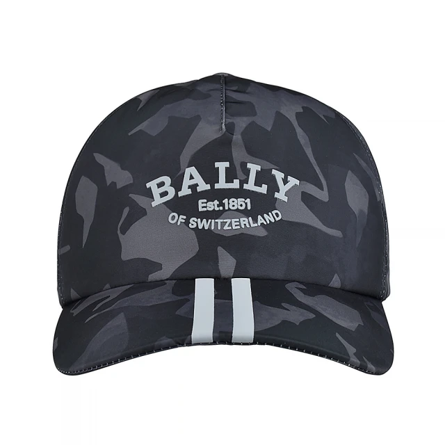 BALLY BALLY立體LOGO迷彩搭條紋尼龍棒球帽(黑x深灰)