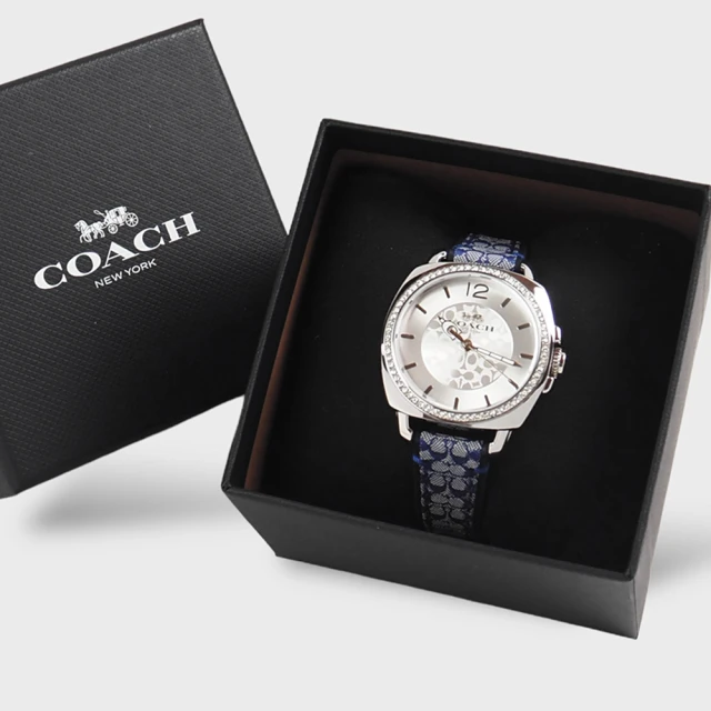 COACH Boyfriend 經典LOGO緹花織布晶鑽腕錶34mm(銀/丹寧藍色)