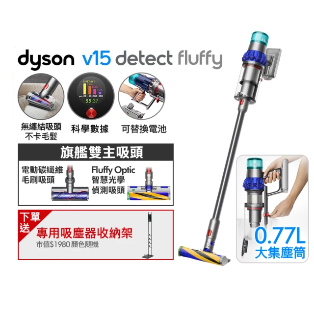 【dyson 戴森】V15 Detect Fluffy SV47 智慧無線吸塵器 光學偵測/除螨機(旗艦款)_電動碳纖維毛刷吸頭組