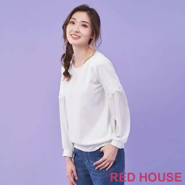 【RED HOUSE 蕾赫斯】花朵蕾絲點綴拼接袖上衣(白色)