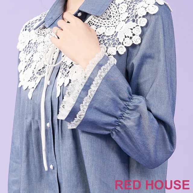 【RED HOUSE 蕾赫斯】浪漫荷葉袖口牛仔上衣-不含蕾絲領(藍色)