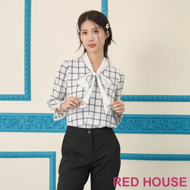 【RED HOUSE 蕾赫斯】綁帶蝴蝶結格紋上衣(白色)