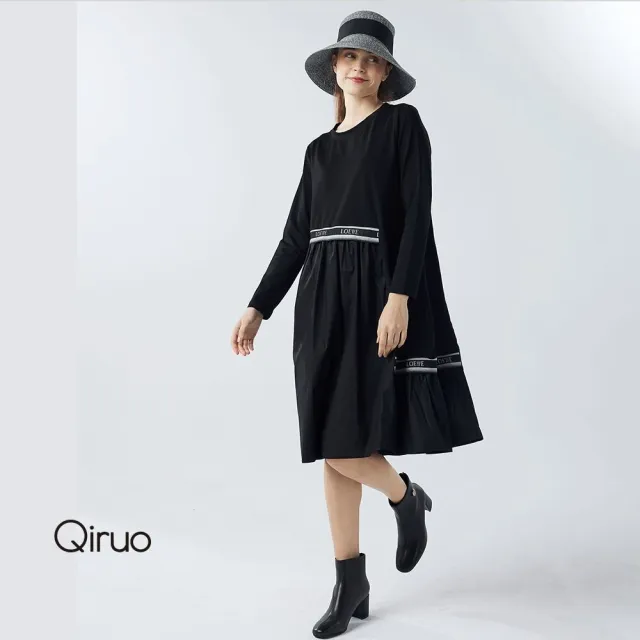 【Qiruo 奇若名品】厚棉質 雙層不規則 拼接 長袖黑色洋裝3056F 