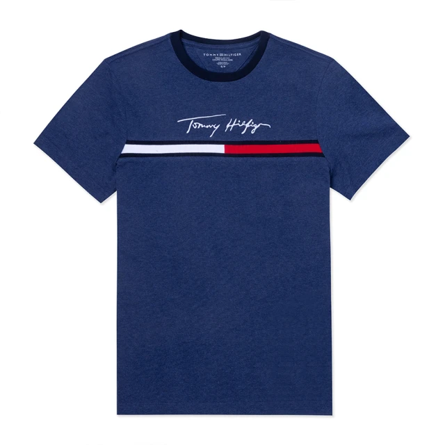 Tommy Hilfiger TOMMY 經典刺繡大Logo圖案短袖T恤-麻花藍色(平輸品/春夏必備/短T)