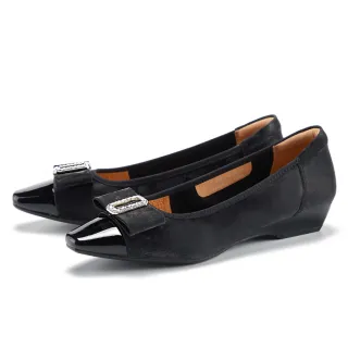 【MAGY】鑽釦蝴蝶結雙皮質方頭低跟鞋(黑色)