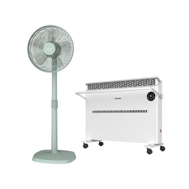 【Philips 飛利浦】14吋DC扇超值組-對流取暖機/電暖器+14吋DC擺頭扇(AHR3142CS+HLE100)