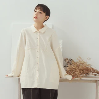 【MOSS CLUB】波浪羅紋層次拼接中長版長袖襯衫(黑 米)