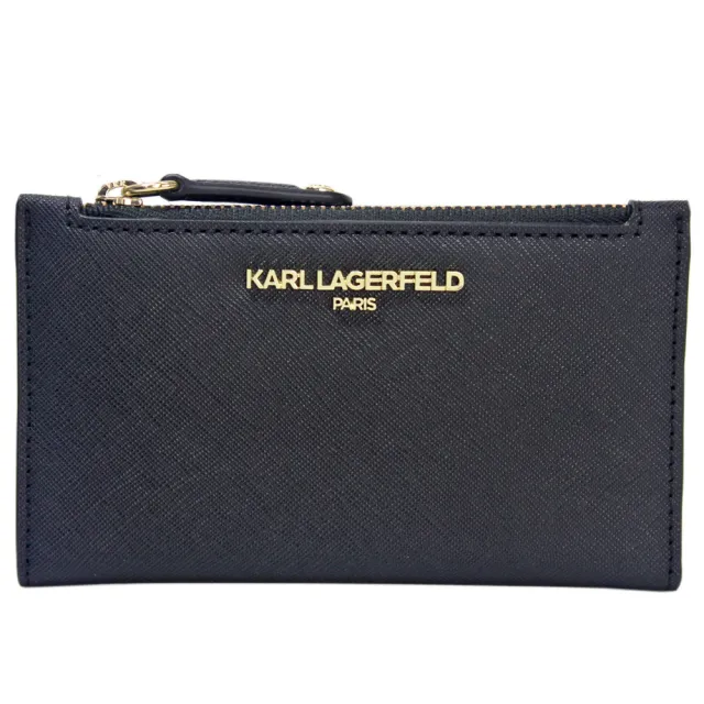 【KARL LAGERFELD 卡爾】金字標誌素面皮革卡片壓釦中夾(黑)