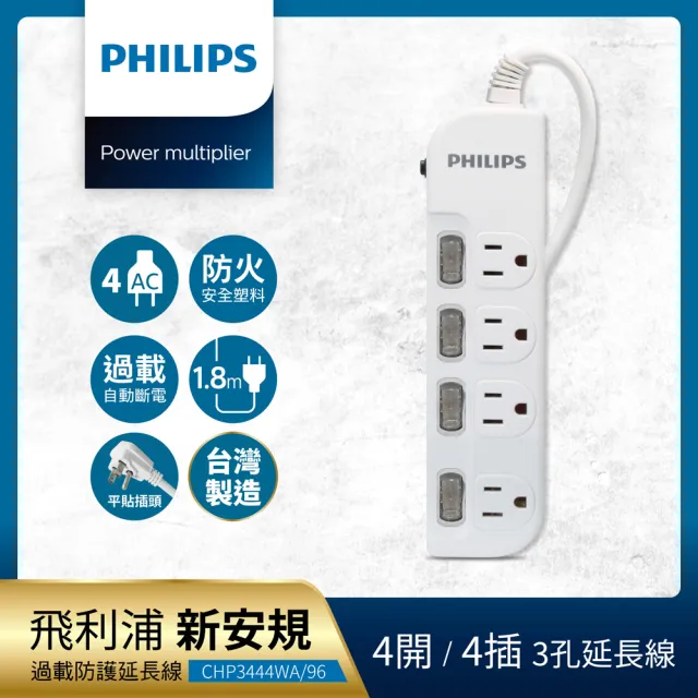 【Philips 飛利浦】過載防護型 4開4插3孔延長線 1.8米 黑白2色任選(2入組)