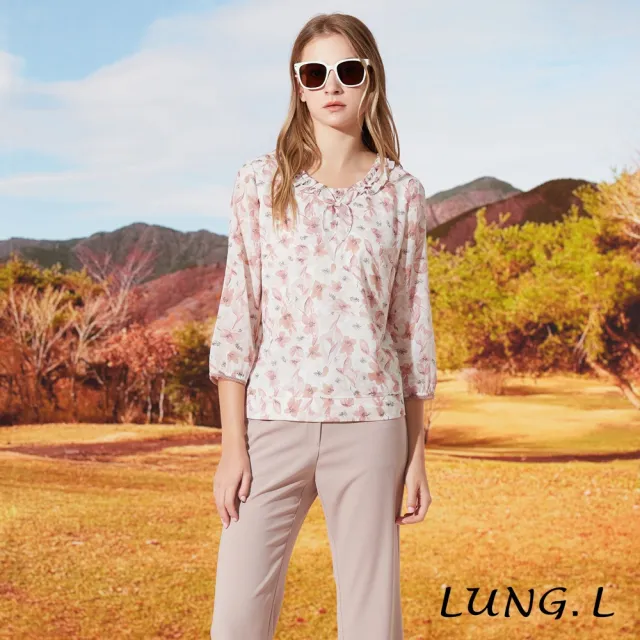 【LUNG.L 林佳樺】LR35A粉色印花抽摺領綁結七分袖上衣(秋冬新品 加大尺碼)