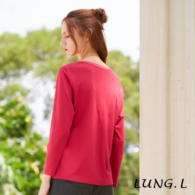 【LUNG.L 林佳樺】LQ90A16桃紅色胸前英文字母燙鑽長袖女裝上衣(秋冬新品 加大尺碼)