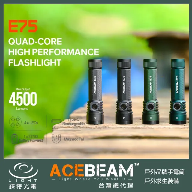 【ACEBEAM】錸特光電 E75 強光LED手電筒 4500流明 260米(EDC 磁吸 21700電池 USB-C)