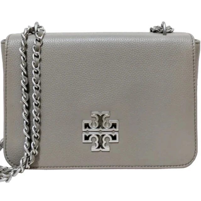 TORY BURCH BRITTEN法國灰大鏤空LOGO皮革鏈袋肩背包