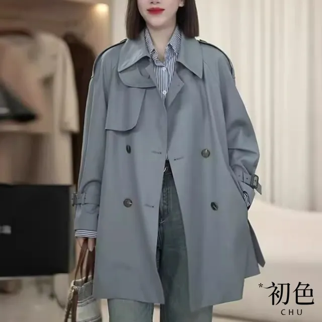 【初色】中長款翻領純色長袖單排扣西裝風衣外套女外套-共2色-38205(M-4XL可選)