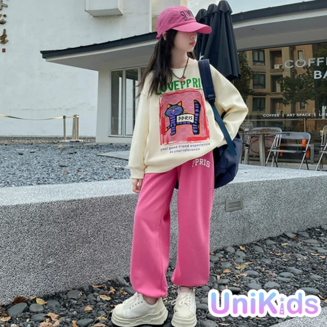 UniKids 中大童裝2件套裝貓咪長袖T恤休閒長褲 女大童裝 CVQ2432(杏)