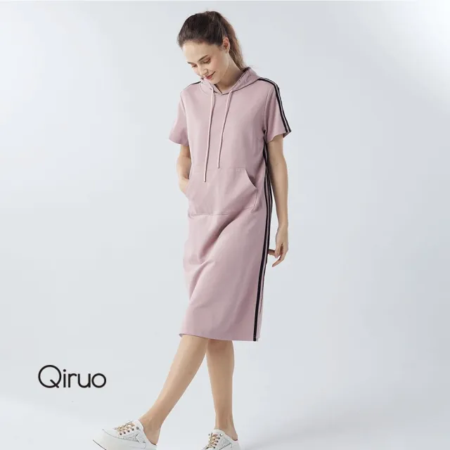 【Qiruo 奇若名品】厚棉質 側邊雙線 連帽短袖粉色洋裝3025F 
