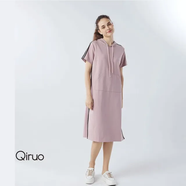 【Qiruo 奇若名品】厚棉質 側邊雙線 連帽短袖粉色洋裝3025F