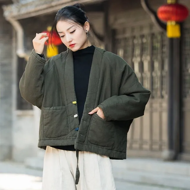 【米蘭精品】現貨+預購 棉麻外套休閒大衣(秋冬苧麻保暖短版女外套4色74in21)