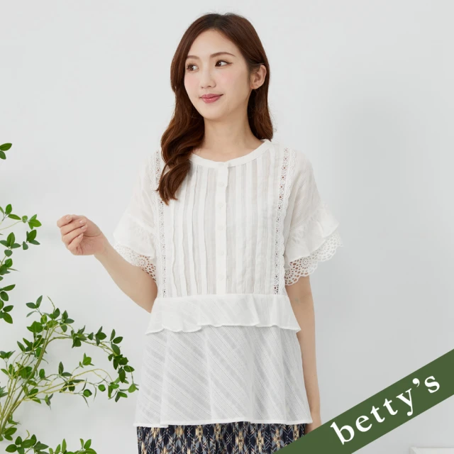 betty’s 貝蒂思 鏤空蕾絲拼接壓褶圓領開襟落肩上衣(象牙白)