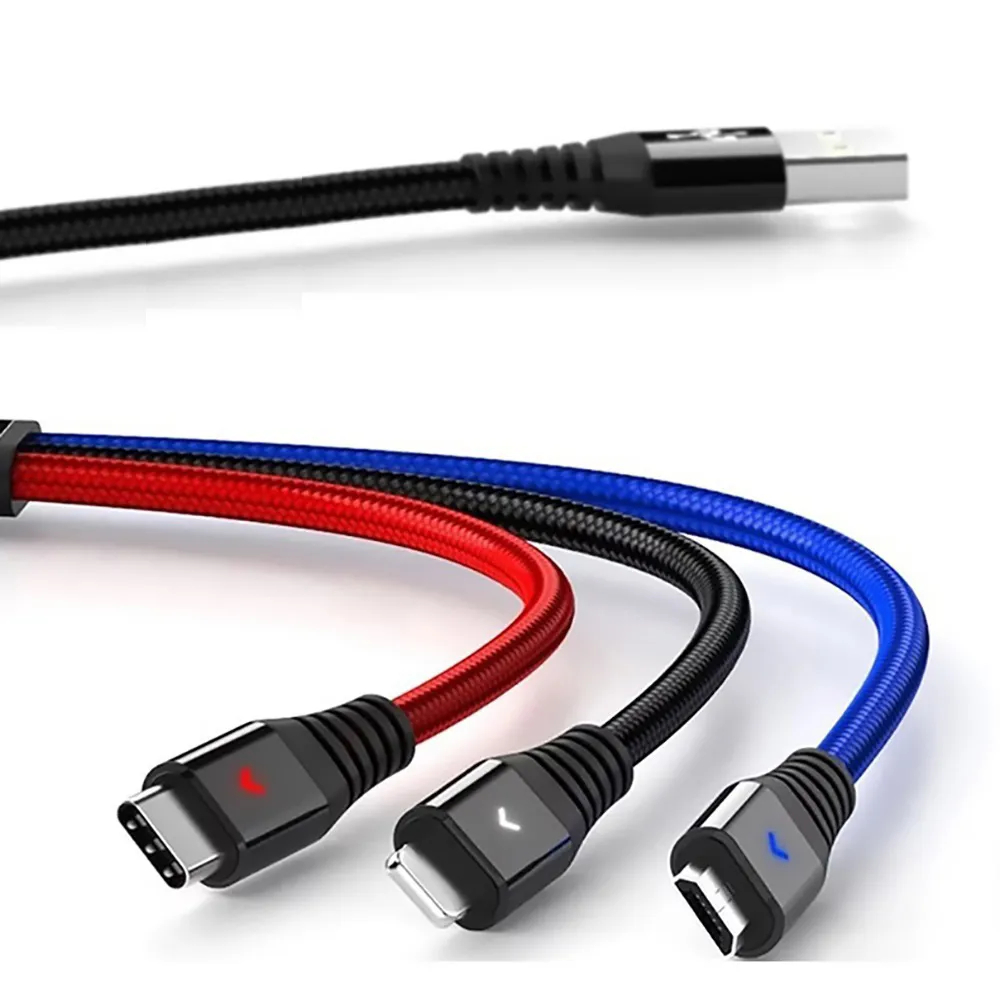 【Bill Case】第二代三色LED燈一統三國USB三合一Lightning USB C Micro快速充電線120公分(一條抵三條)