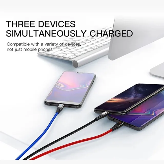【Bill Case】第二代三色LED燈一統三國USB三合一Lightning USB C Micro快速充電線120公分(一條抵三條)