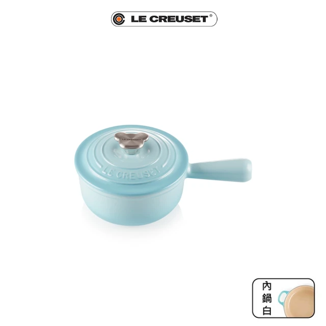 Le Creuset 盒損福利品_琺瑯鑄鐵鍋單柄醬汁鐵鍋16cm(水漾藍-小熊鋼頭-內鍋白)