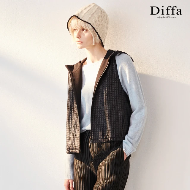 Diffa 黑色立體格紋連帽背心外套-女