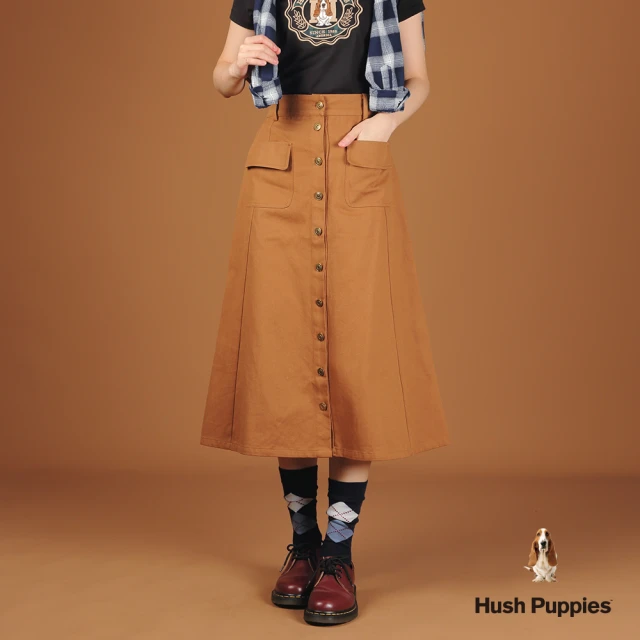 Hush Puppies 女裝 長裙 素色前開津貼袋休閒長裙(咖啡 / 44223102)