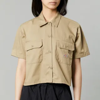 【Dickies】女款卡其色斜紋短版雙口袋經典工裝短袖襯衫｜DK012454KHK