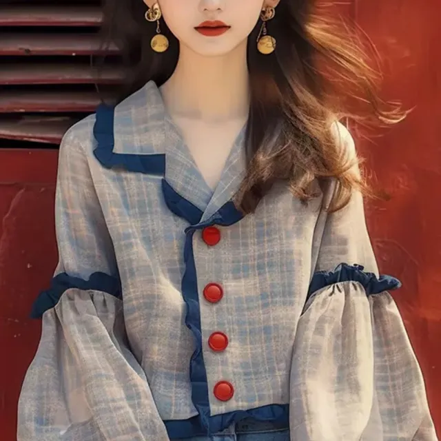 【LANNI 藍尼】★復古短版藍色格子襯衫(上衣/女裝/襯衫/長袖/通勤/日系)