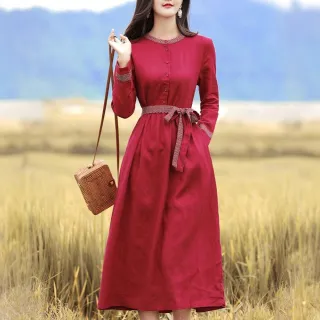 【ACheter】亞麻感紅色文藝氣質民族風長袖圓領連身裙長版洋裝#123524(紅)
