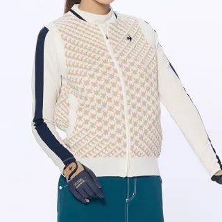 【LE COQ SPORTIF 公雞】高爾夫系列 女款卡其色全拉鍊式千鳥格格紋針織背心QLU6J550