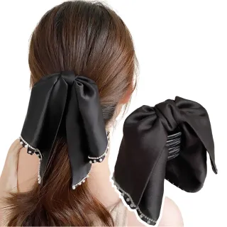 【韓劇女神】韓版溫柔系緞面珍珠邊蝴蝶結抓夾(美麗升級 包包頭 編髮 髮夾 固定夾 包包頭 日常配件)