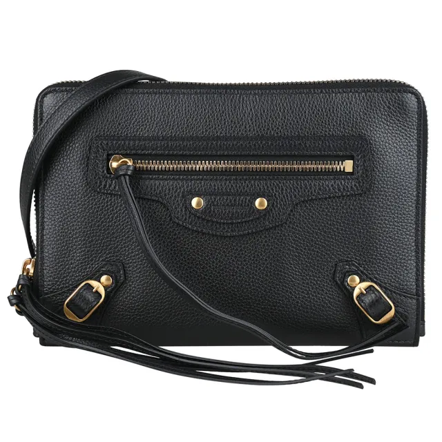 【Balenciaga 巴黎世家】BALENCIAGA Neo Classic復古金釦小牛皮拉鍊斜背包手拿包(黑)