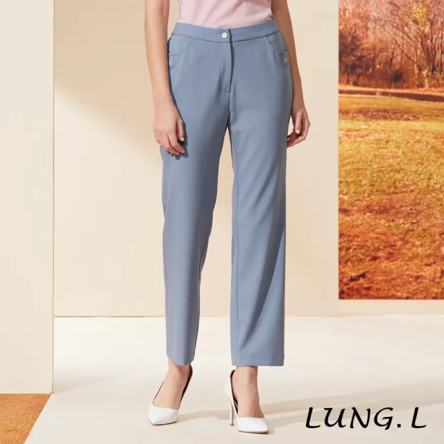 【LUNG.L 林佳樺】LQ99E55 莫蘭迪藍造型口袋直筒女裝褲(秋冬新品 加大尺碼)