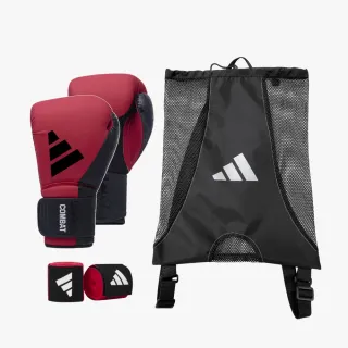 【adidas 愛迪達】Combat 50 紅黑拳擊手套+新款3.5手綁帶+網袋收納背包 超值組(拳擊 泰拳 格鬥 搏擊 拳套)