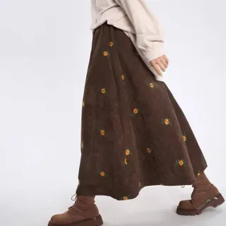 【ACheter】復古燈芯絨刺繡鬆緊腰碎花A字森林系百搭長裙#123528(藍/咖)