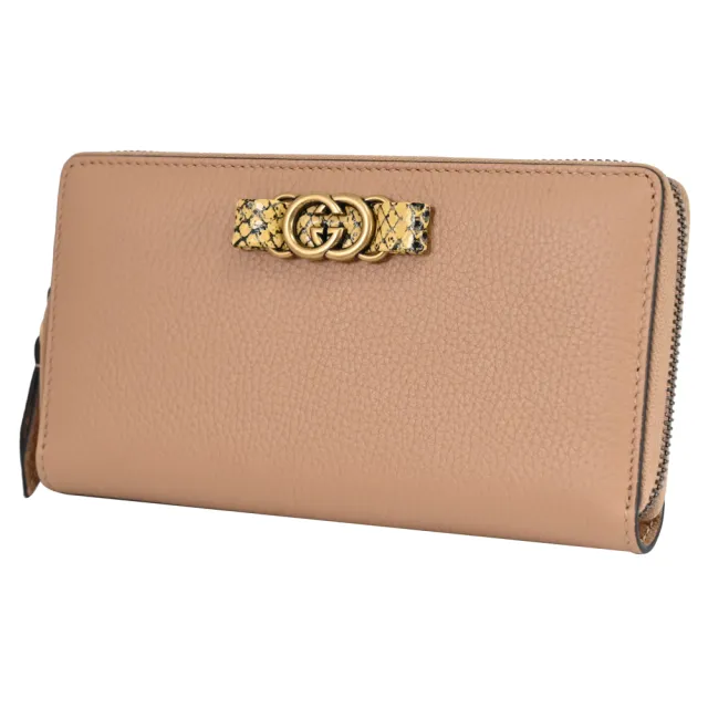 【GUCCI 古馳】限定雙G LOGO蛇紋裝飾皮革拉鍊發財零錢長夾(裸粉色)