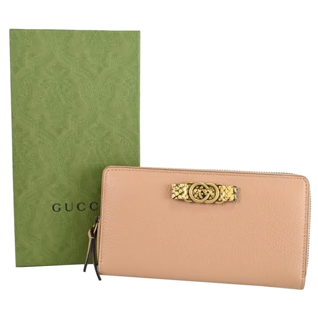 【GUCCI 古馳】限定雙G LOGO蛇紋裝飾皮革拉鍊發財零錢長夾(裸粉色)