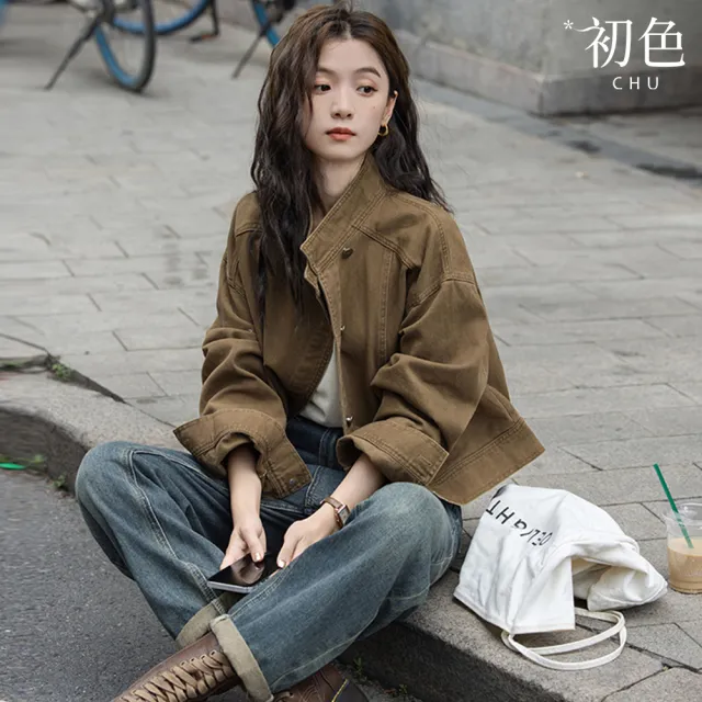 【初色】復古風純色寬鬆短款單排釦長袖工裝牛仔外套女外套-茶咖色-38192(M-XL可選)