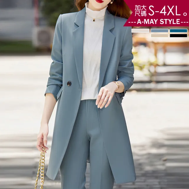 【Amay Style 艾美時尚】中大尺碼女裝 風衣 大衣 時髦顯瘦氣質窄領中長版西裝外套。S-4XL(5色.預購)