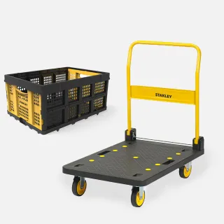 【Stanley】組合 重型全塑平板手推車 350KG +折疊置物籃