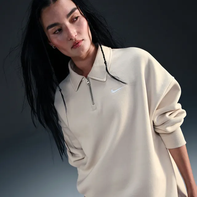【NIKE 耐吉】AS W NSW PHNX FLC OS QZ PO 女 立領拉鍊 長袖 米色 復古穿搭 休閒(FZ3208-104 ∞)