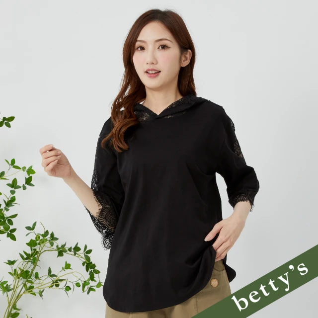 betty’s 貝蒂思 鏤空流蘇蕾絲連帽五分袖T-shirt(黑色)